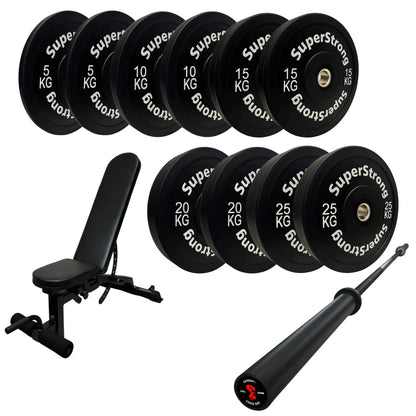 150kg Black Bumper Plate Set with 7FT Olympic Barbell