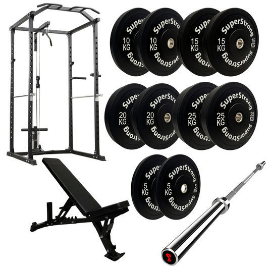 150kg Black Bumper Plate Set with Cable Squat Rack & 7FT Barbell