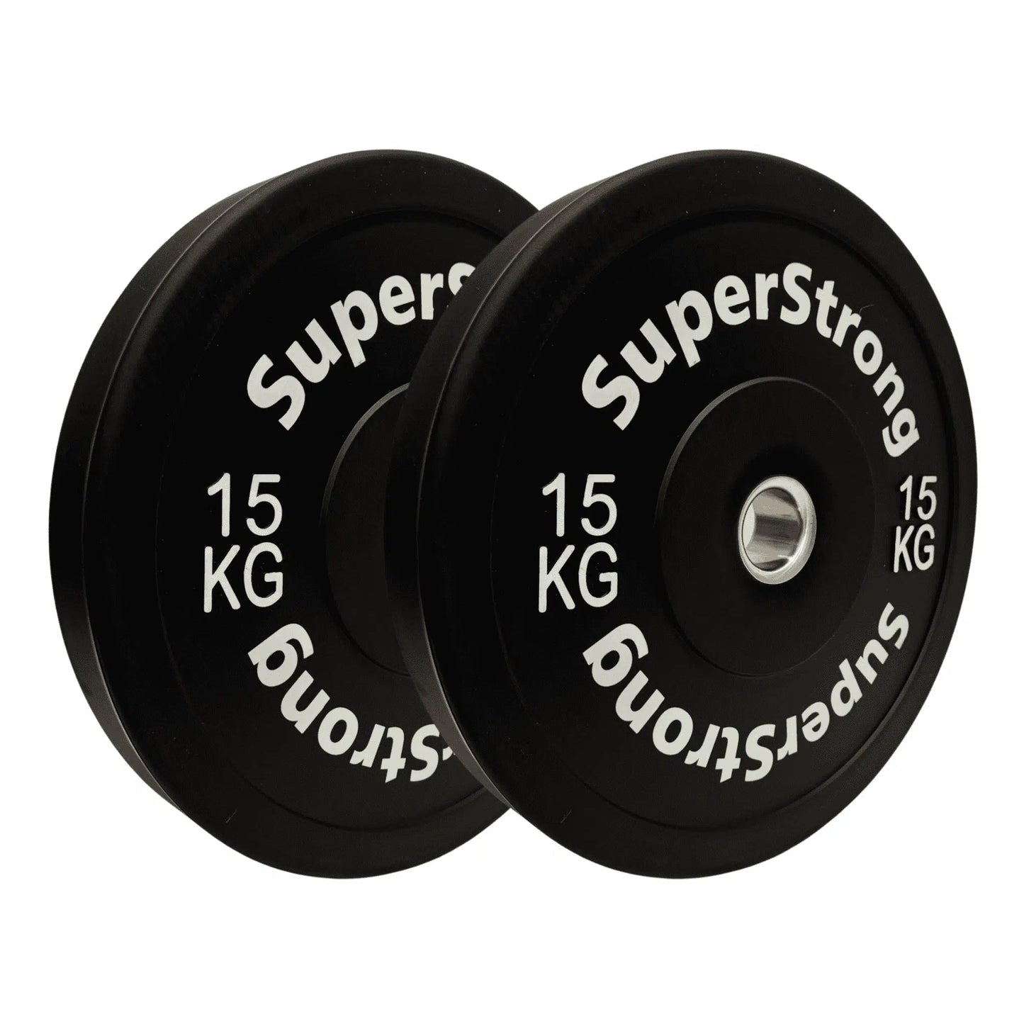 A set of black rubber bumper plates with white text indicating the weight in kilograms. The plates are designed for weightlifting and have a thick rubber construction.