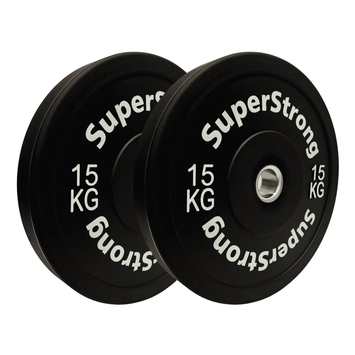 A set of black rubber bumper plates with white text indicating the weight in kilograms. The plates are designed for weightlifting and have a thick rubber construction.