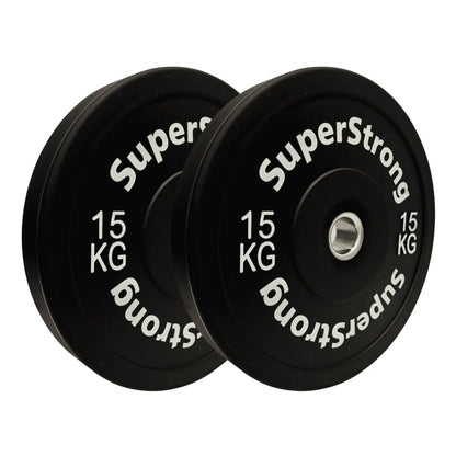 A set of black rubber bumper plates with white text indicating the weight in kilograms. The plates are designed for weightlifting and have a thick rubber construction.