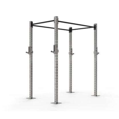 Stainless steel fitness rack on a white background