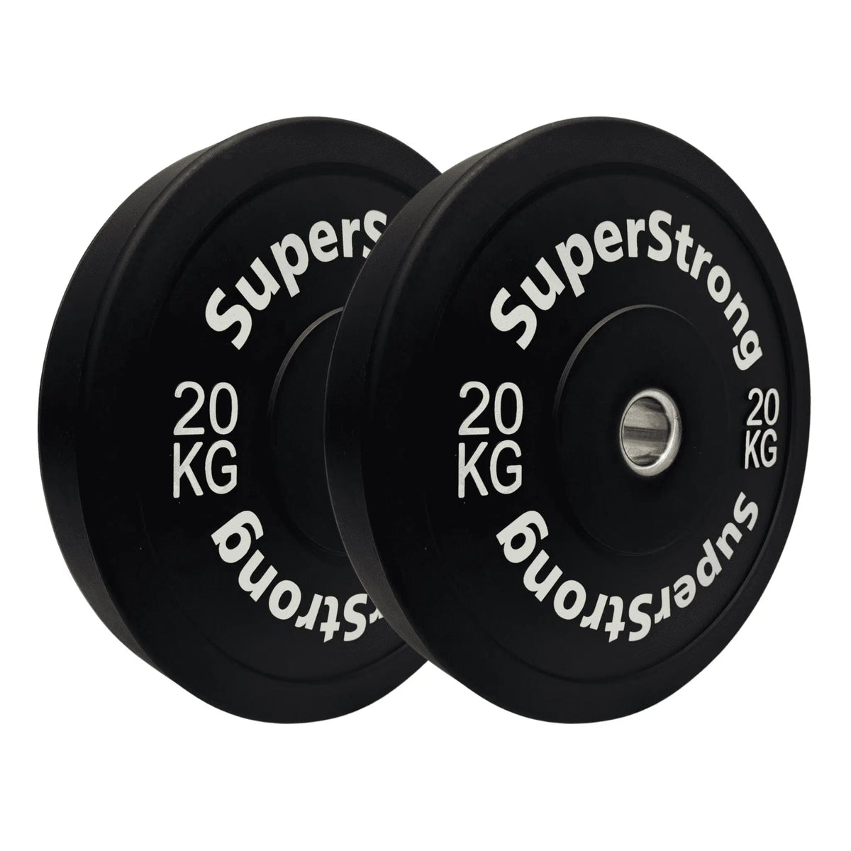 A set of black rubber bumper plates with white text indicating the weight in kilograms. The plates are designed for weightlifting and have a thick rubber construction.