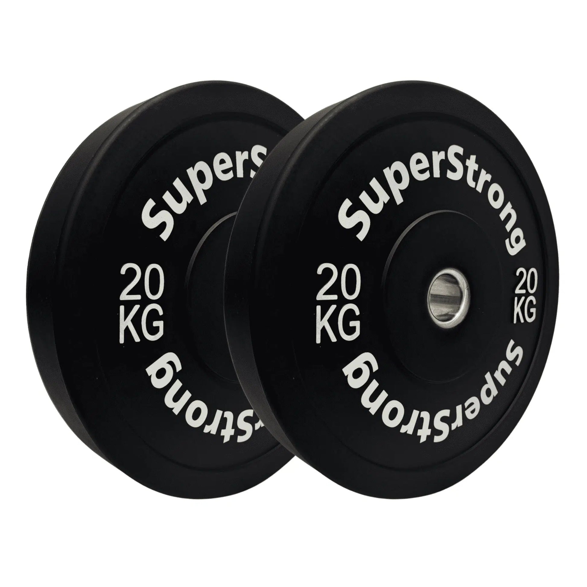 A set of black rubber bumper plates with white text indicating the weight in kilograms. The plates are designed for weightlifting and have a thick rubber construction.
