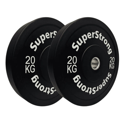A set of black rubber bumper plates with white text indicating the weight in kilograms. The plates are designed for weightlifting and have a thick rubber construction.