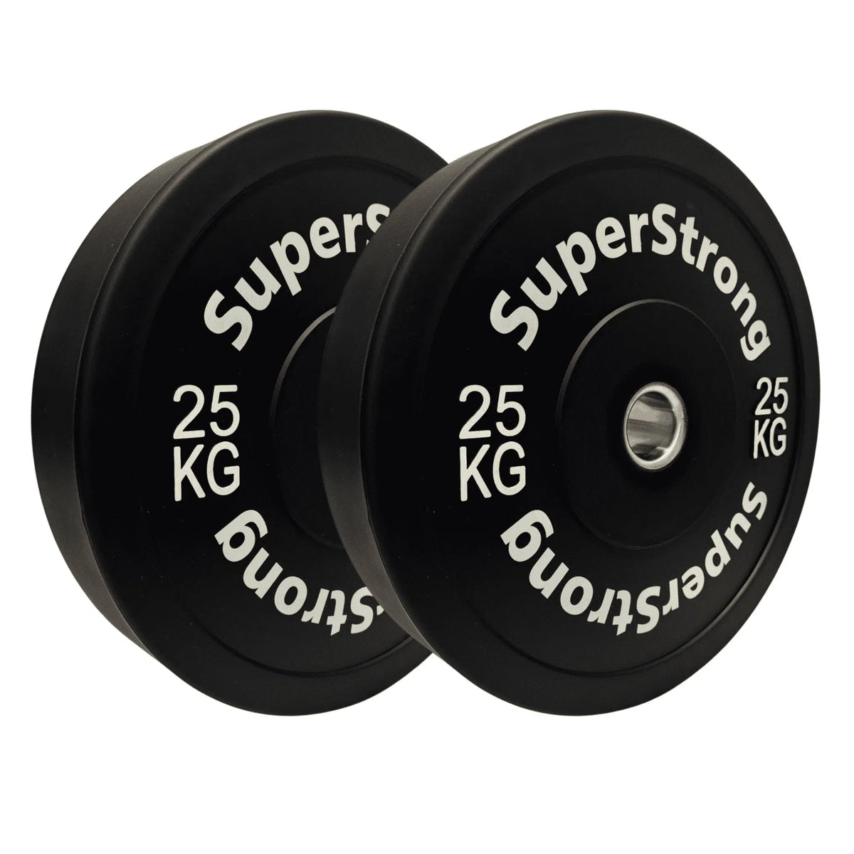 A set of black rubber bumper plates with white text indicating the weight in kilograms. The plates are designed for weightlifting and have a thick rubber construction.
