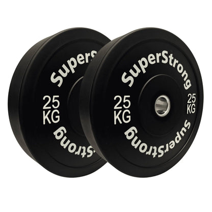 A set of black rubber bumper plates with white text indicating the weight in kilograms. The plates are designed for weightlifting and have a thick rubber construction.