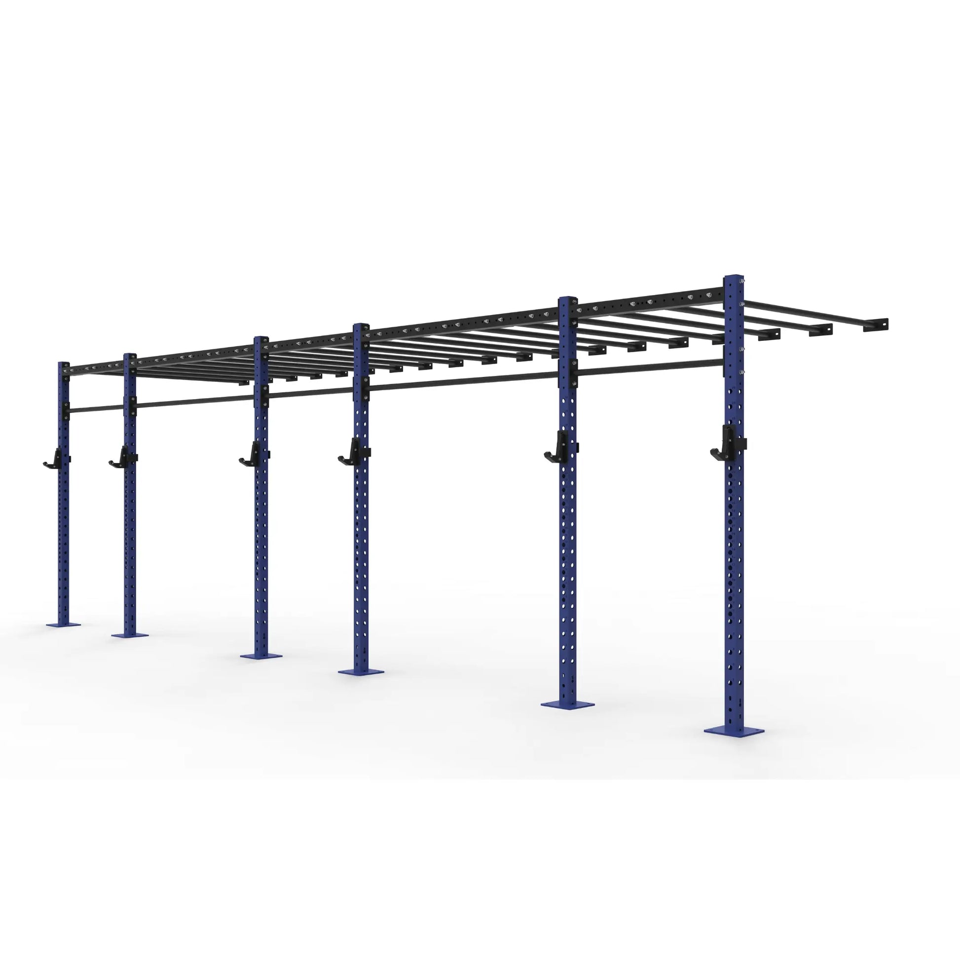 Blue and black monkey pull-up bar and crossbar system on a white background
