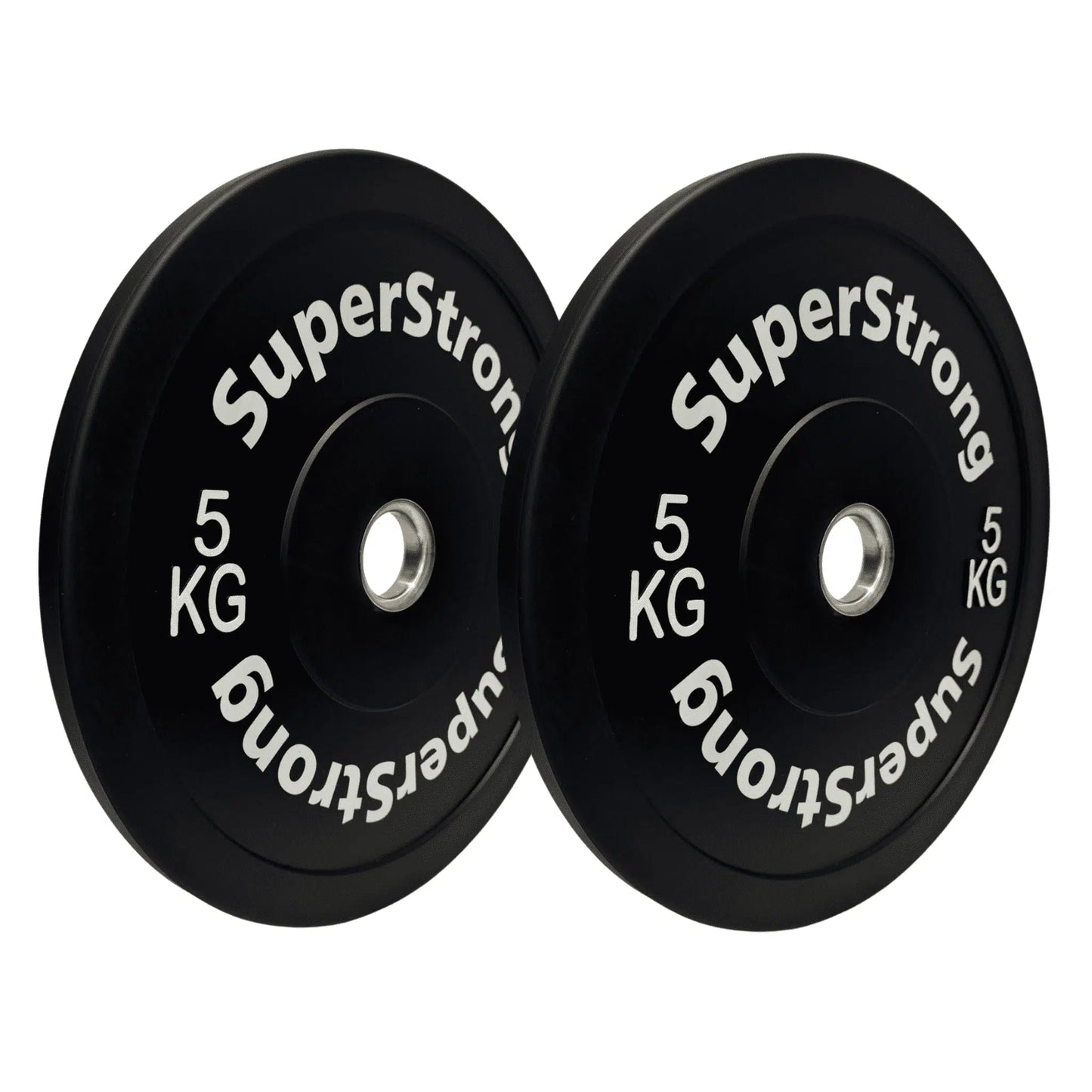 A set of black rubber bumper plates with white text indicating the weight in kilograms. The plates are designed for weightlifting and have a thick rubber construction.
