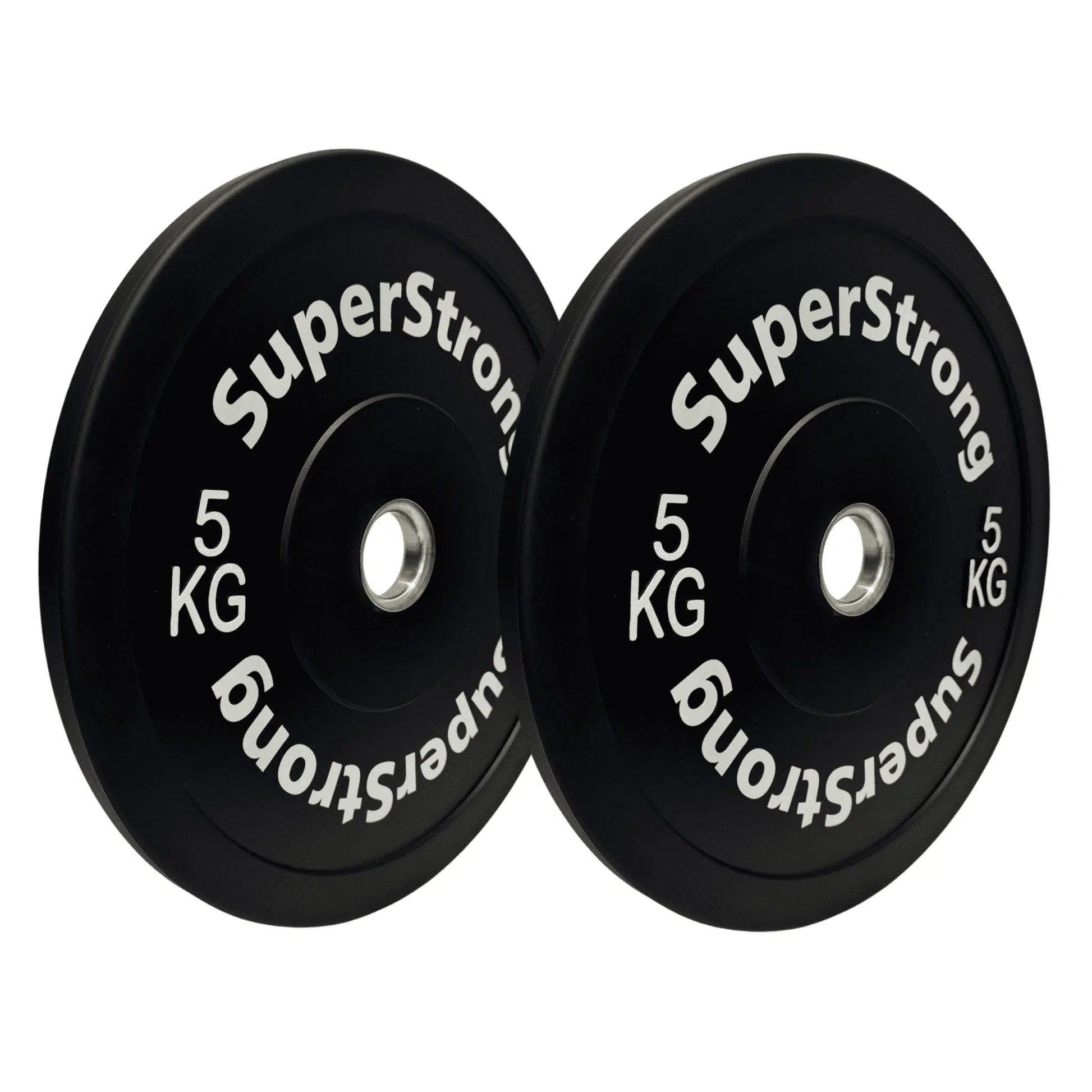 A set of black rubber bumper plates with white text indicating the weight in kilograms. The plates are designed for weightlifting and have a thick rubber construction.