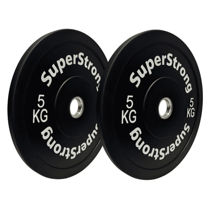 A set of black rubber bumper plates with white text indicating the weight in kilograms. The plates are designed for weightlifting and have a thick rubber construction.