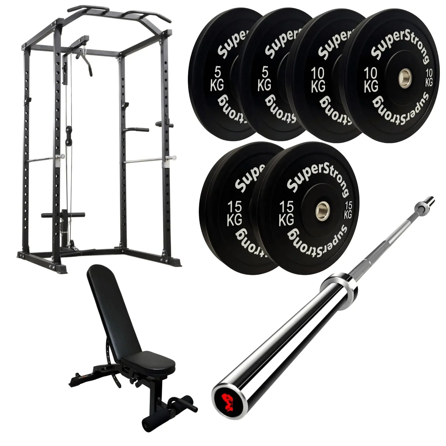 60kg Black Bumper Plate Set with Cable Squat Rack & 7FT Barbell