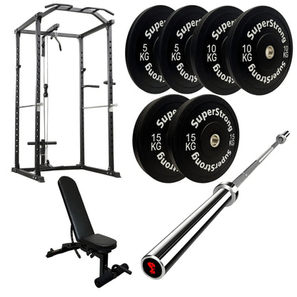 60kg Black Bumper Plate Set with Cable Squat Rack & 7FT Barbell