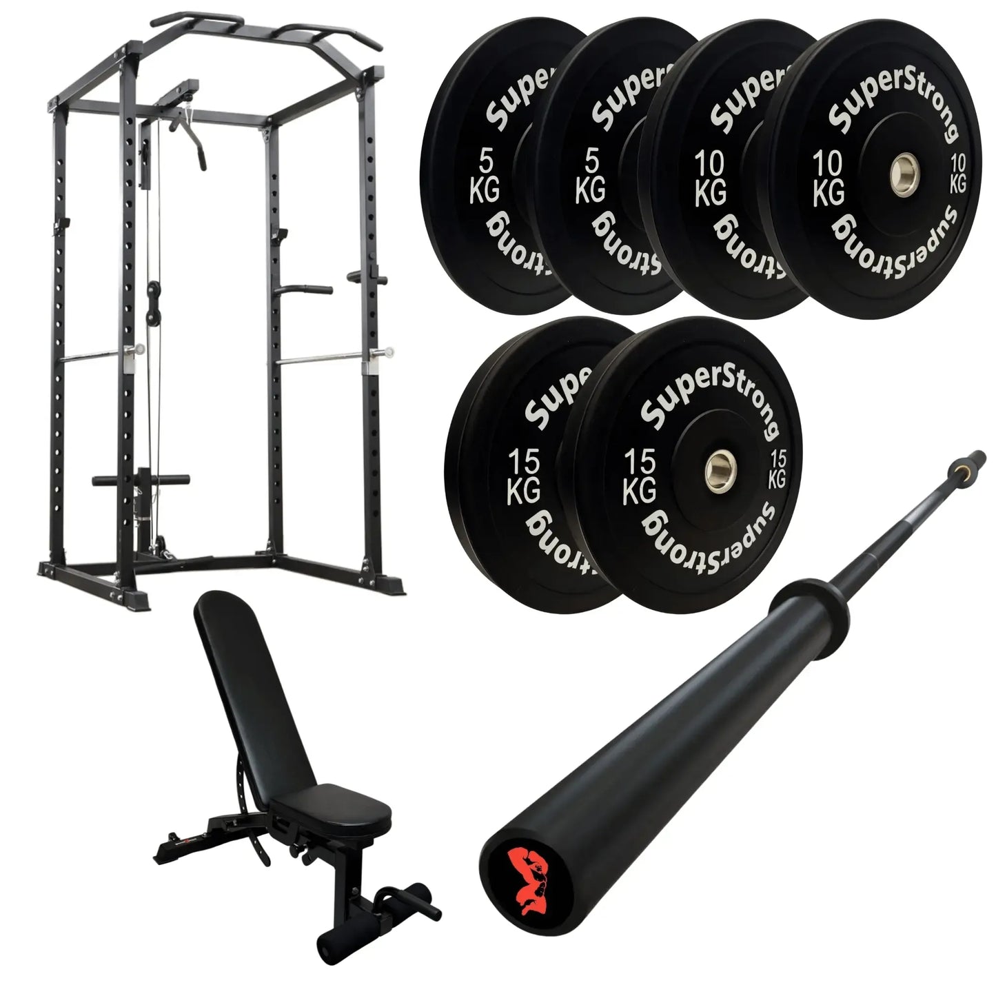 60kg Black Bumper Plate Set with Cable Squat Rack & 7FT Barbell