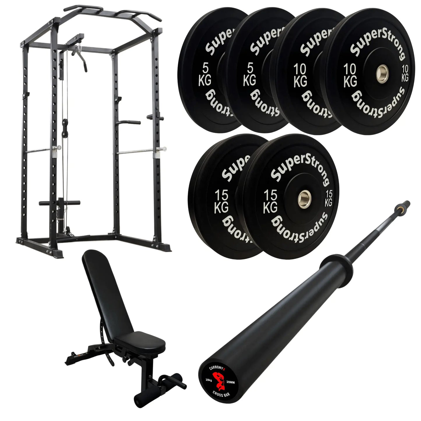60kg Black Bumper Plate Set with Cable Squat Rack & 7FT Barbell