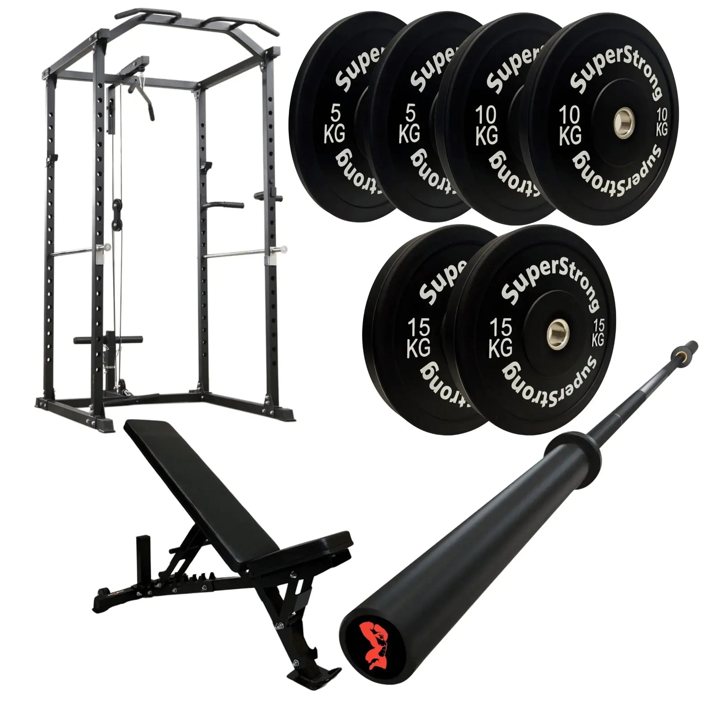 60kg Black Bumper Plate Set with Cable Squat Rack & 7FT Barbell