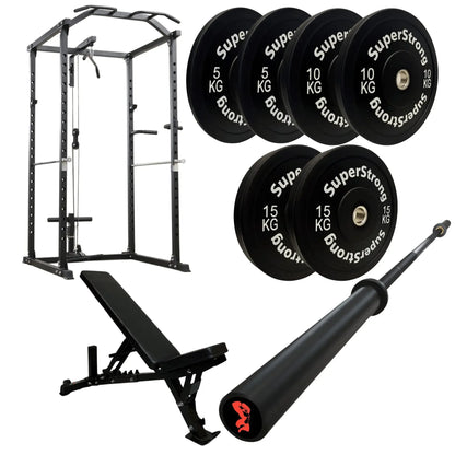60kg Black Bumper Plate Set with Cable Squat Rack & 7FT Barbell
