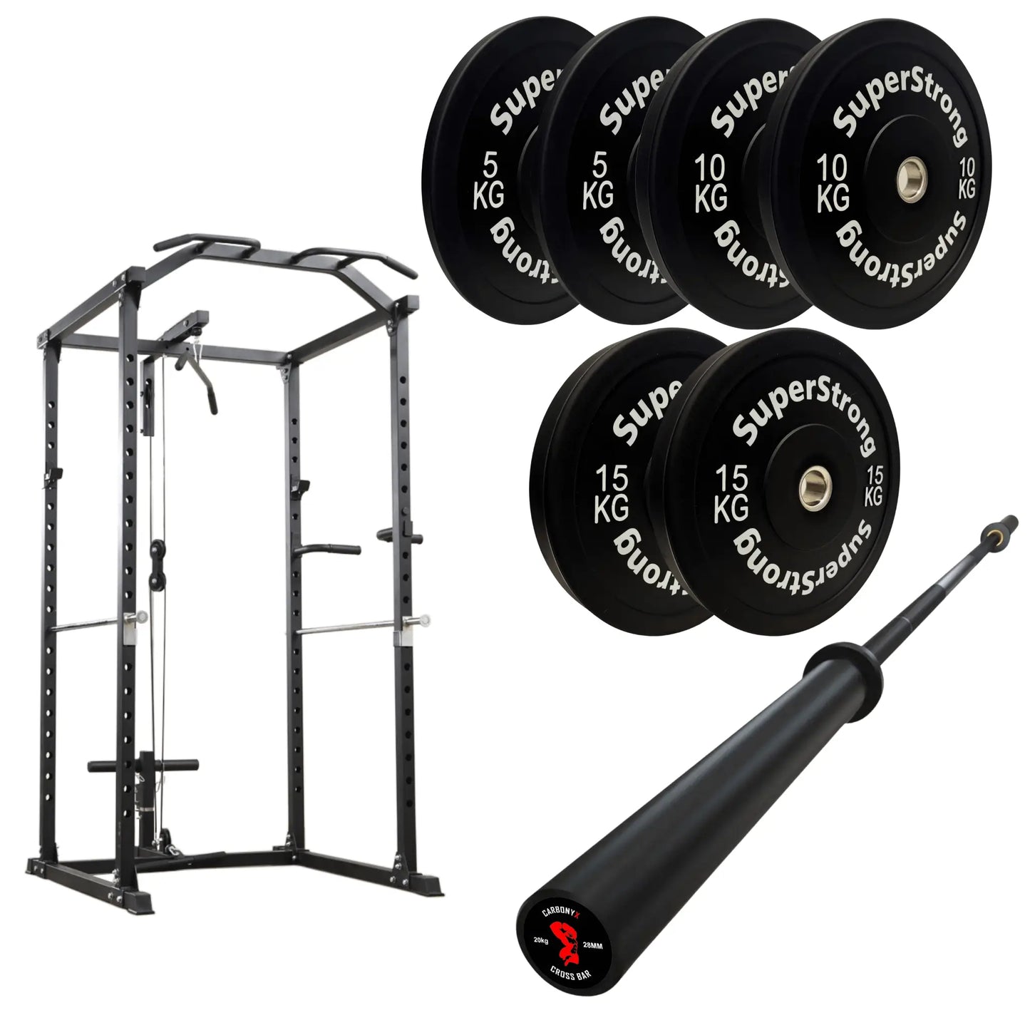 60kg Black Bumper Plate Set with Cable Squat Rack & 7FT Barbell