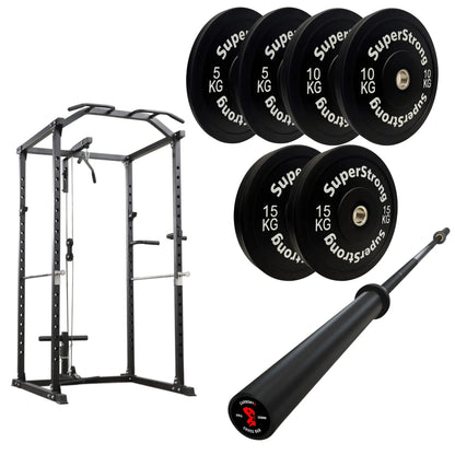 60kg Black Bumper Plate Set with Cable Squat Rack & 7FT Barbell