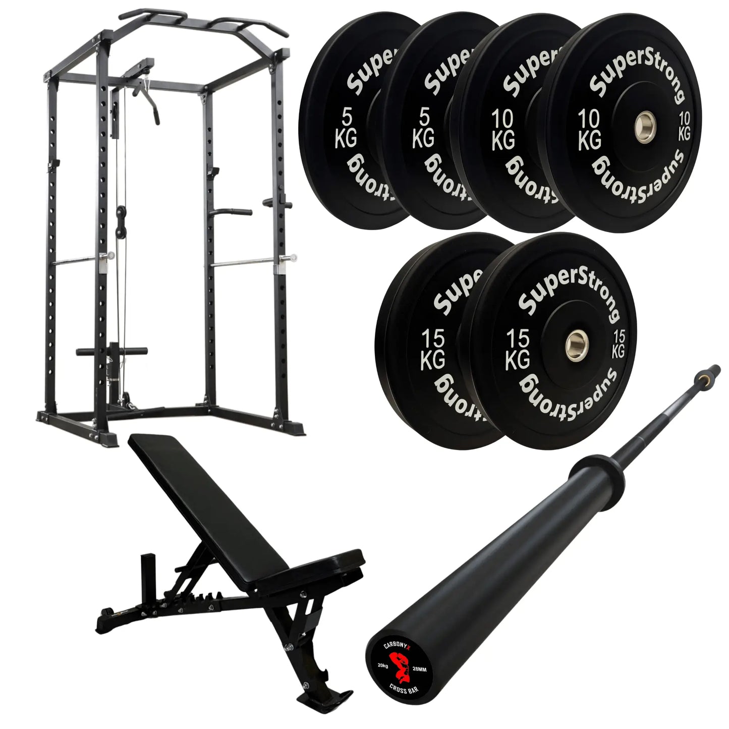 60kg Black Bumper Plate Set with Cable Squat Rack & 7FT Barbell