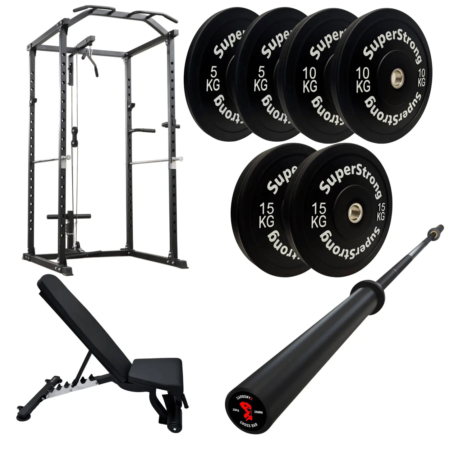 60kg Black Bumper Plate Set with Cable Squat Rack & 7FT Barbell