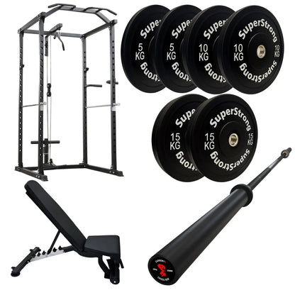 60kg Black Bumper Plate Set with Cable Squat Rack & 7FT Barbell