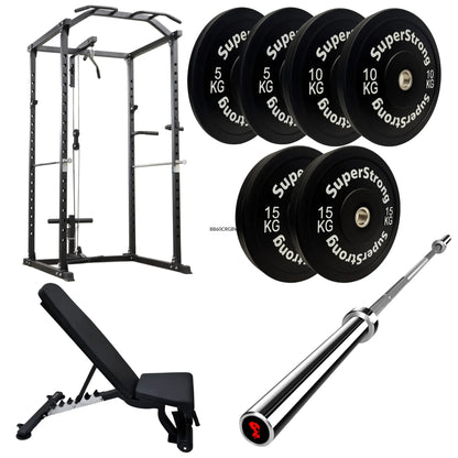 60kg Black Bumper Plate Set with Cable Squat Rack & 7FT Barbell