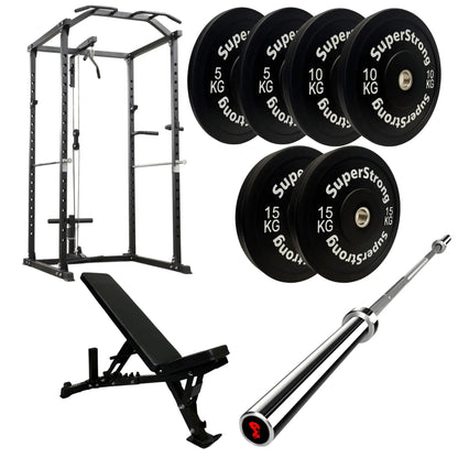 60kg Black Bumper Plate Set with Cable Squat Rack & 7FT Barbell