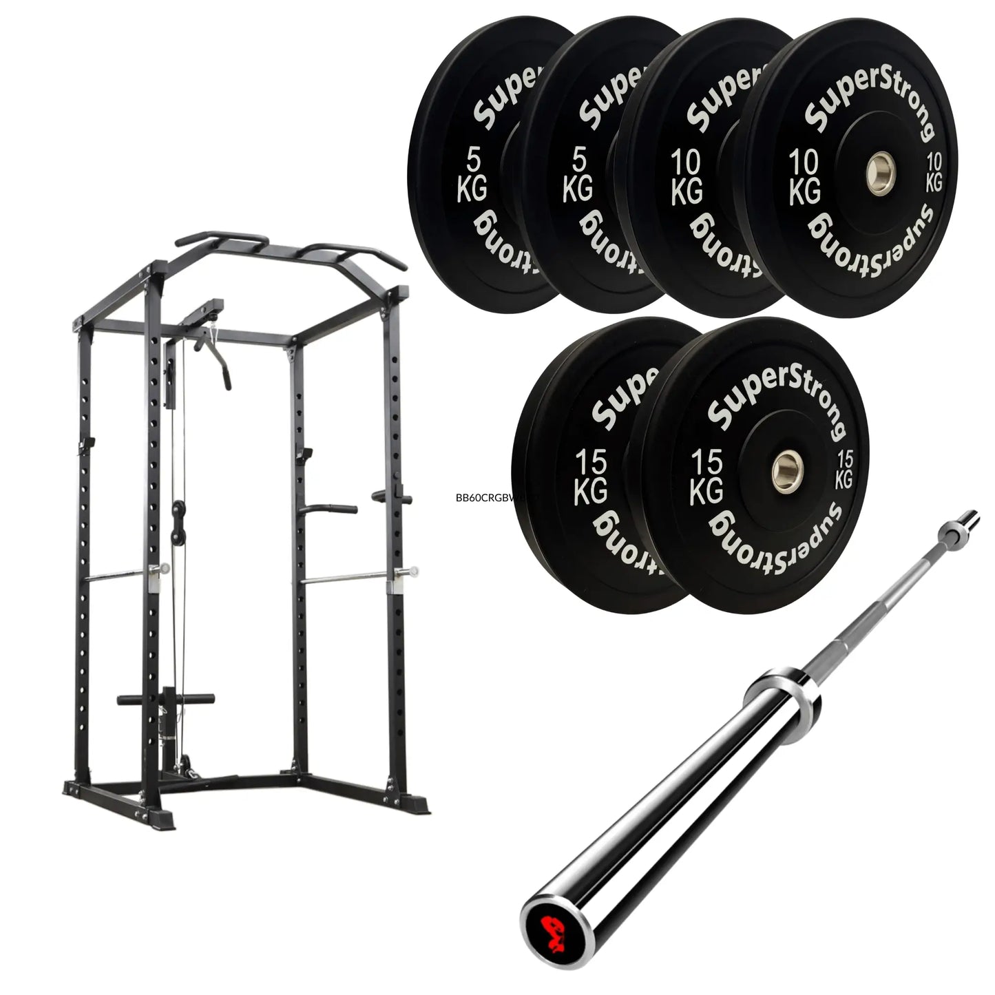 60kg Black Bumper Plate Set with Cable Squat Rack & 7FT Barbell