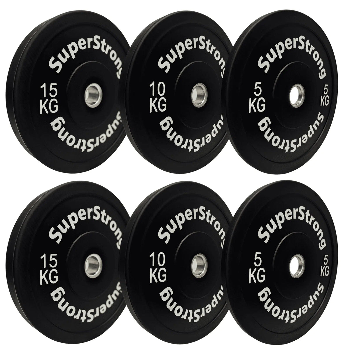 A set of black rubber bumper plates with white text indicating the weight in kilograms. The plates are designed for weightlifting and have a thick rubber construction.