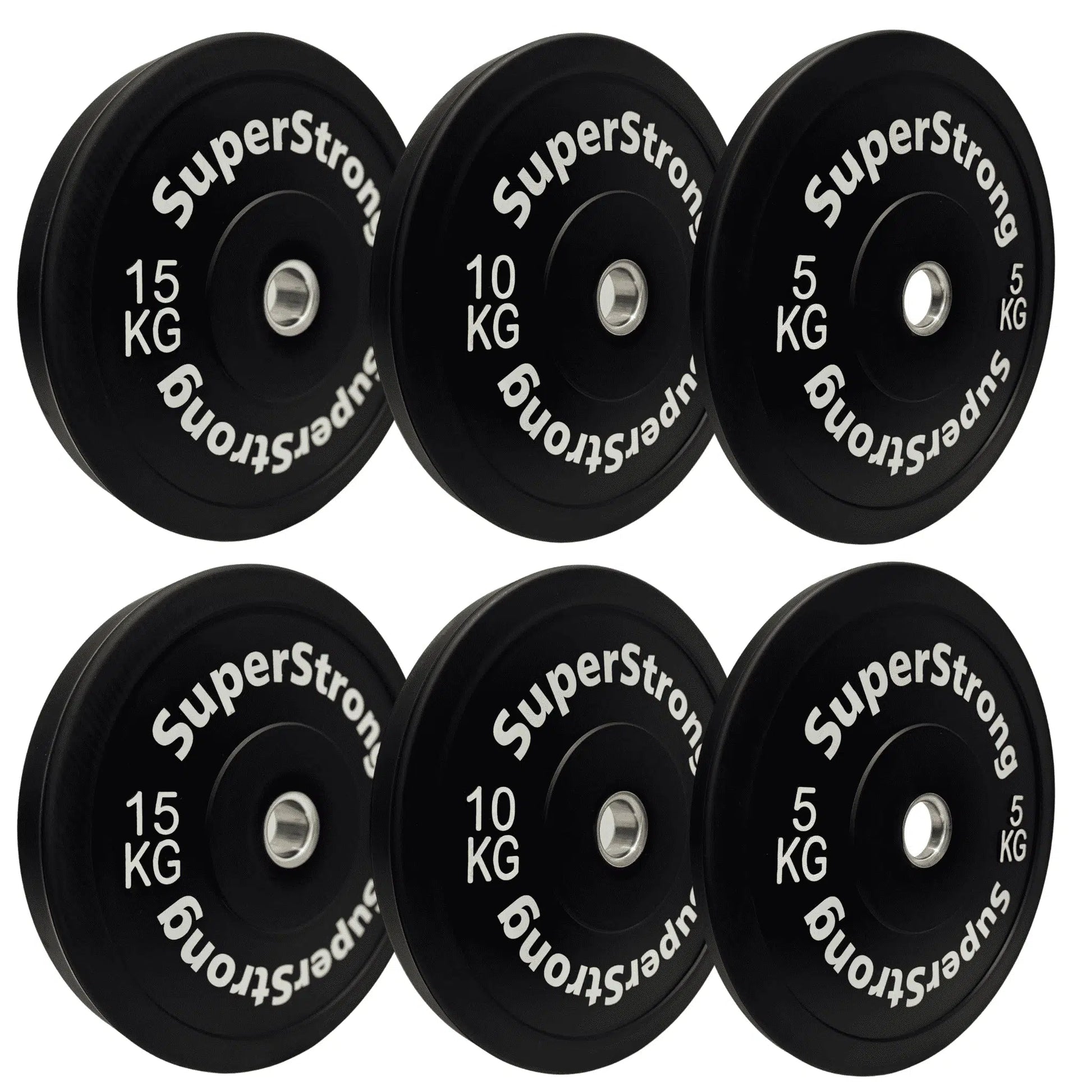 A set of black rubber bumper plates with white text indicating the weight in kilograms. The plates are designed for weightlifting and have a thick rubber construction.