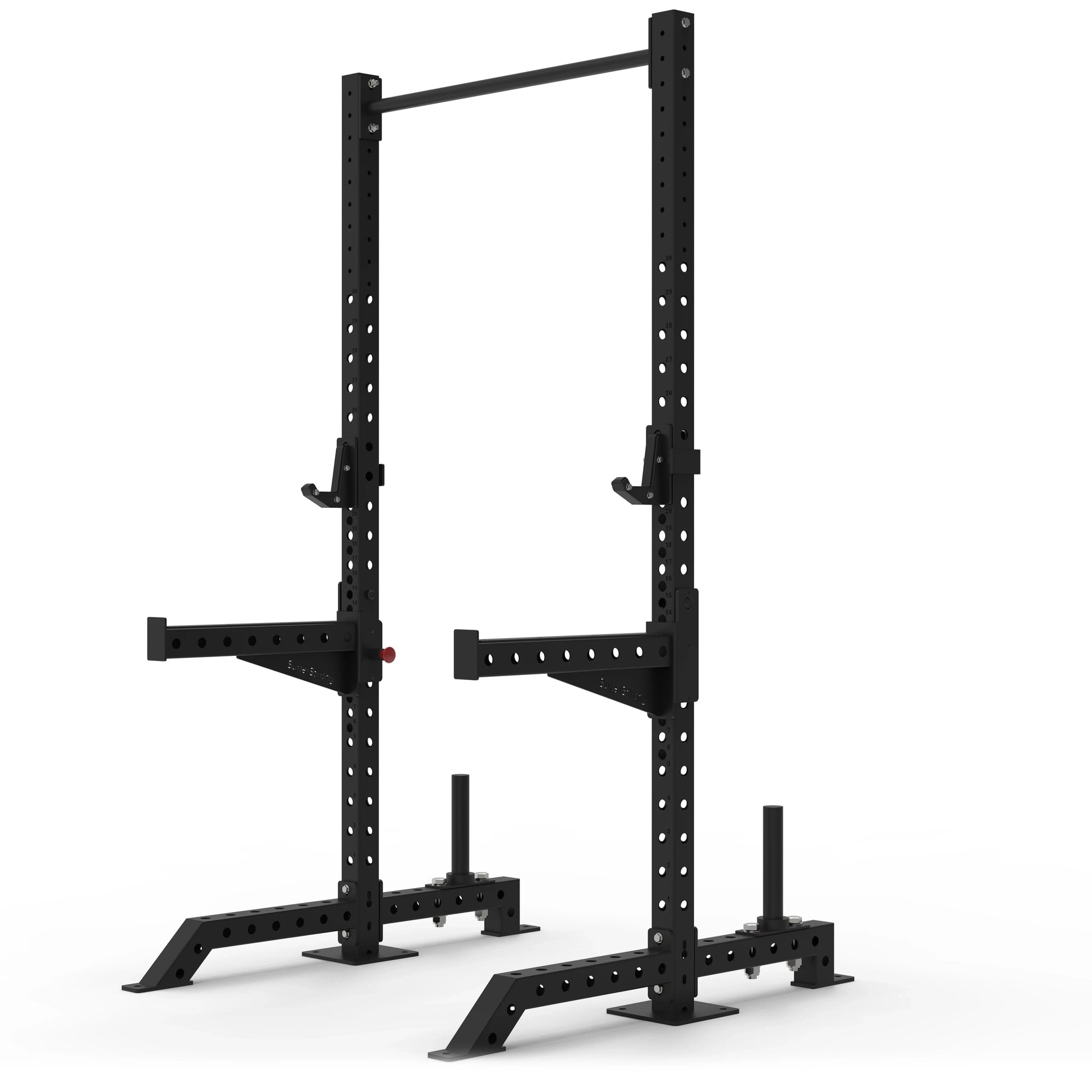 Black commercial squat rack on a white background.