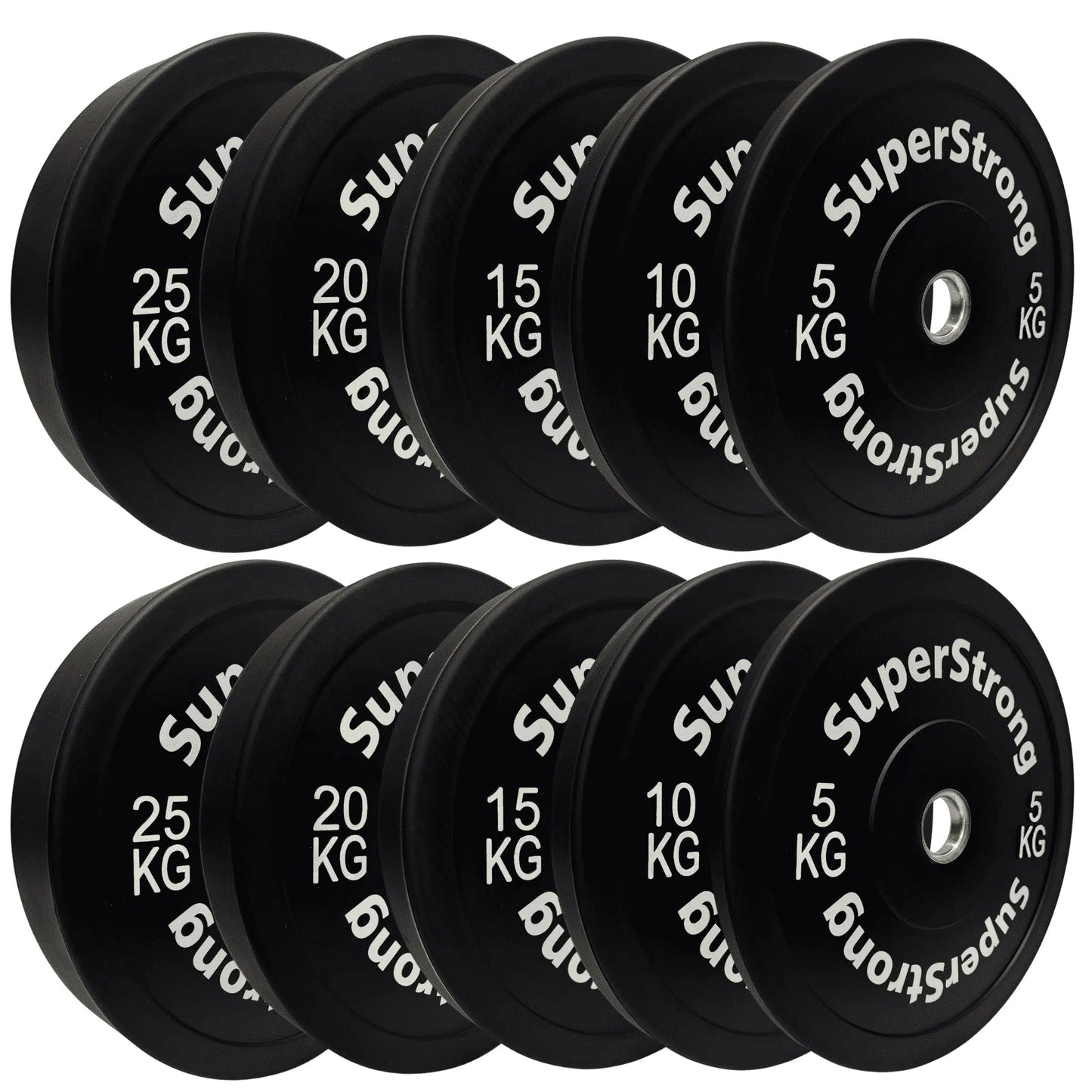 Eight black SuperStrong weight plates arranged in two rows of four on a plain white background. The plates are labeled with weights from 5 kg to 25 kg, with white text including the brand name 'SuperStrong'.
