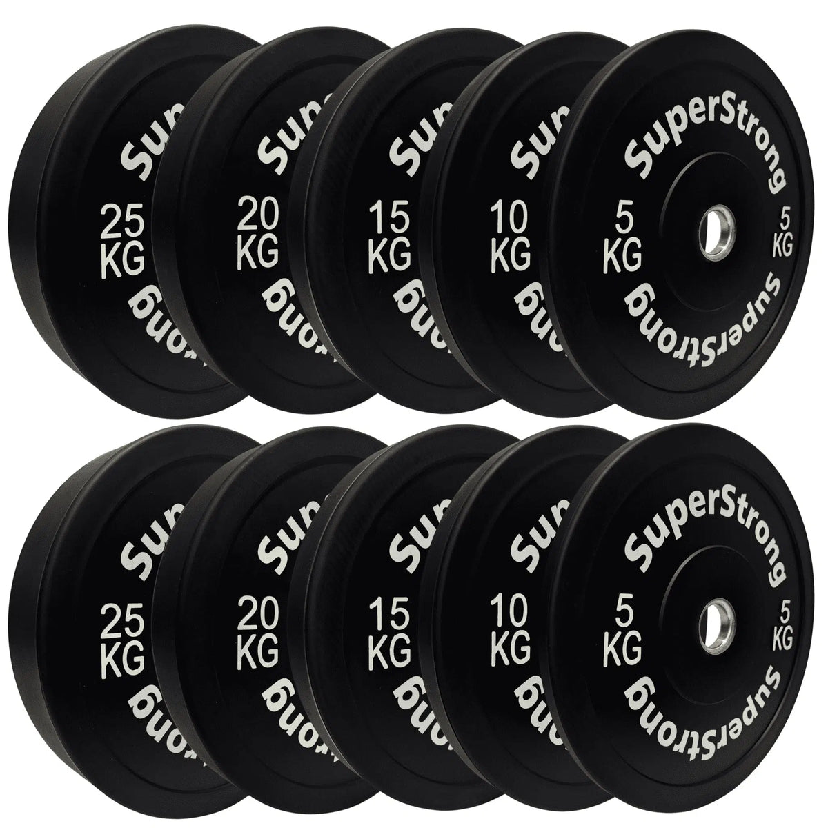 Eight black SuperStrong weight plates arranged in two rows of four on a plain white background. The plates are labeled with weights from 5 kg to 25 kg, with white text including the brand name 'SuperStrong'.