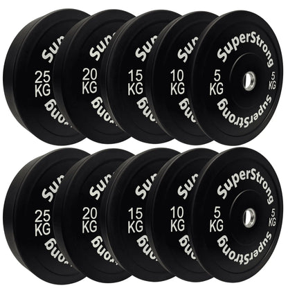 Eight black SuperStrong weight plates arranged in two rows of four on a plain white background. The plates are labeled with weights from 5 kg to 25 kg, with white text including the brand name 'SuperStrong'.