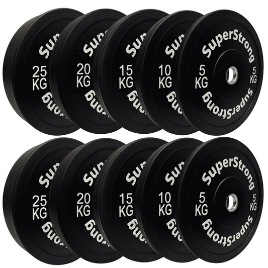 Eight black SuperStrong weight plates arranged in two rows of four on a plain white background. The plates are labeled with weights from 5 kg to 25 kg, with white text including the brand name 'SuperStrong'.