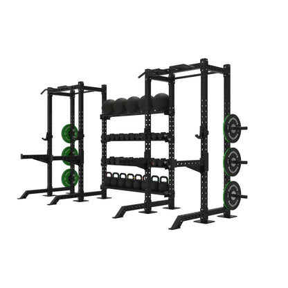 Black twin half rack with storage shelves