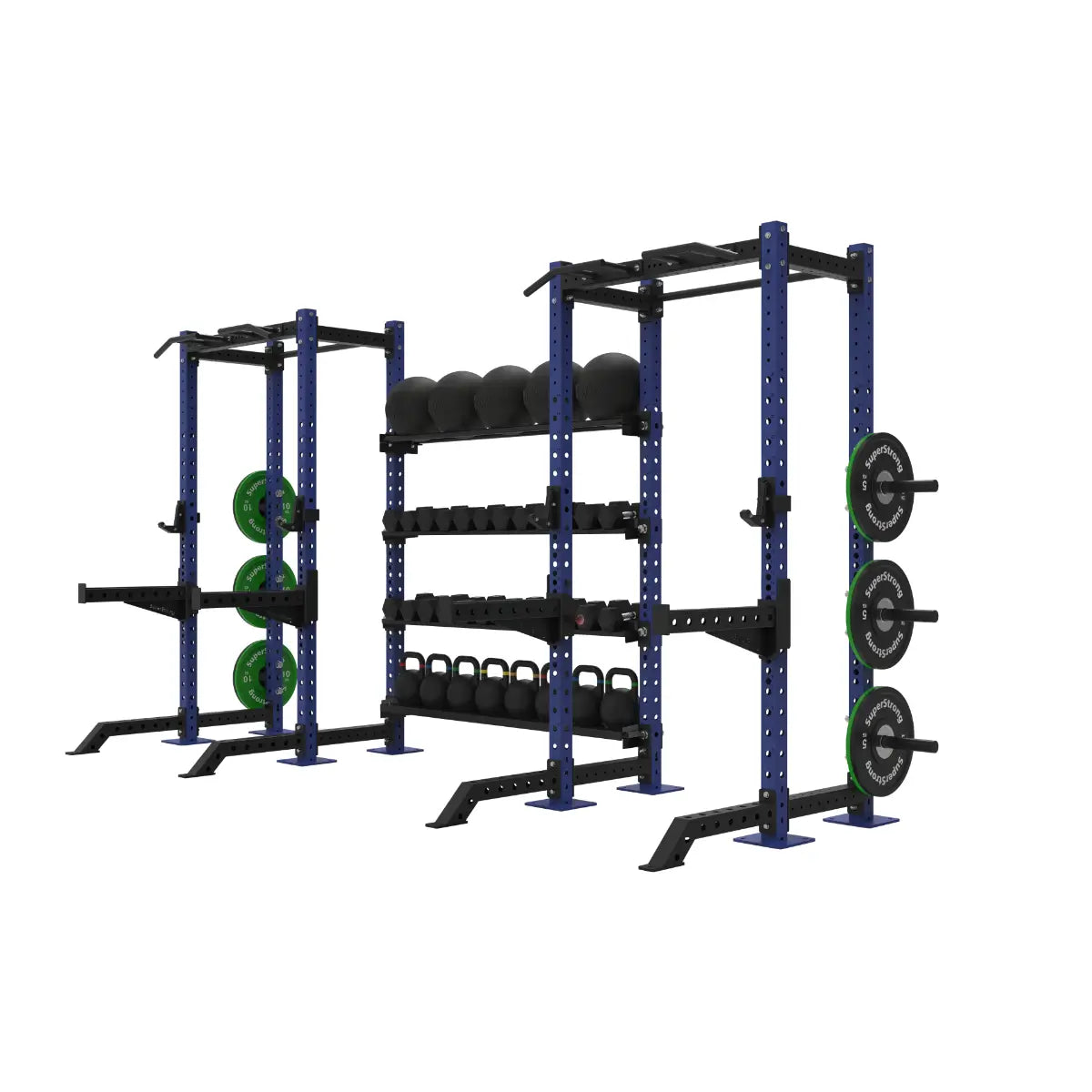 Blue twin half rack with storage shelves