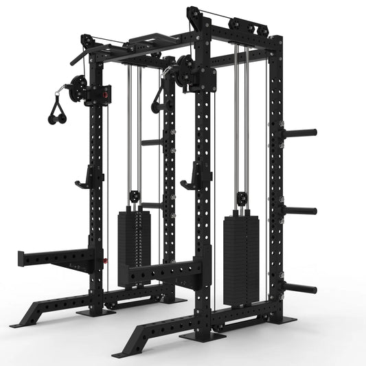 Black Half rack with cable pulley on a white background