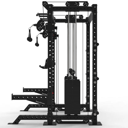 Side view of a short half rack with cable pulley machine.