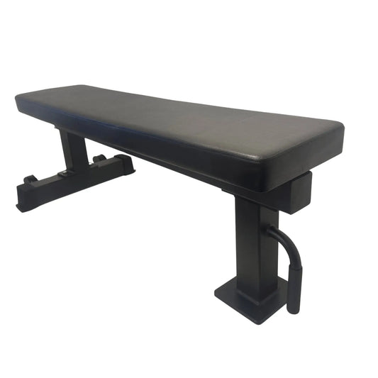 Black commercial-grade flat bench with wheels and handle on a white background. 