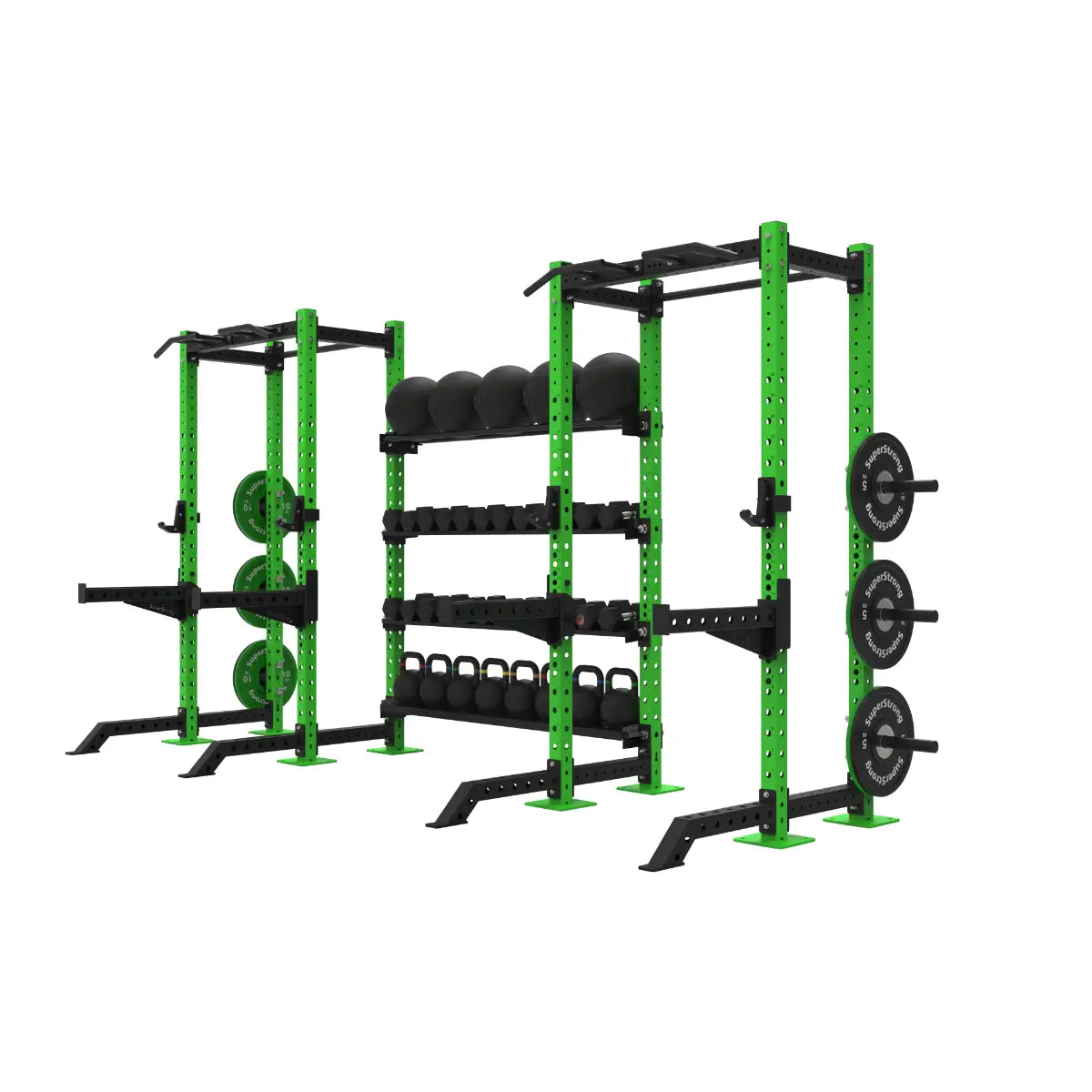 Green twin half rack with storage shelves