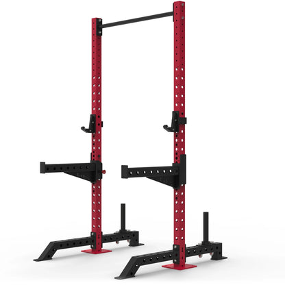 Red commercial squat rack with black spotter arms and the J-hooks on a white background.