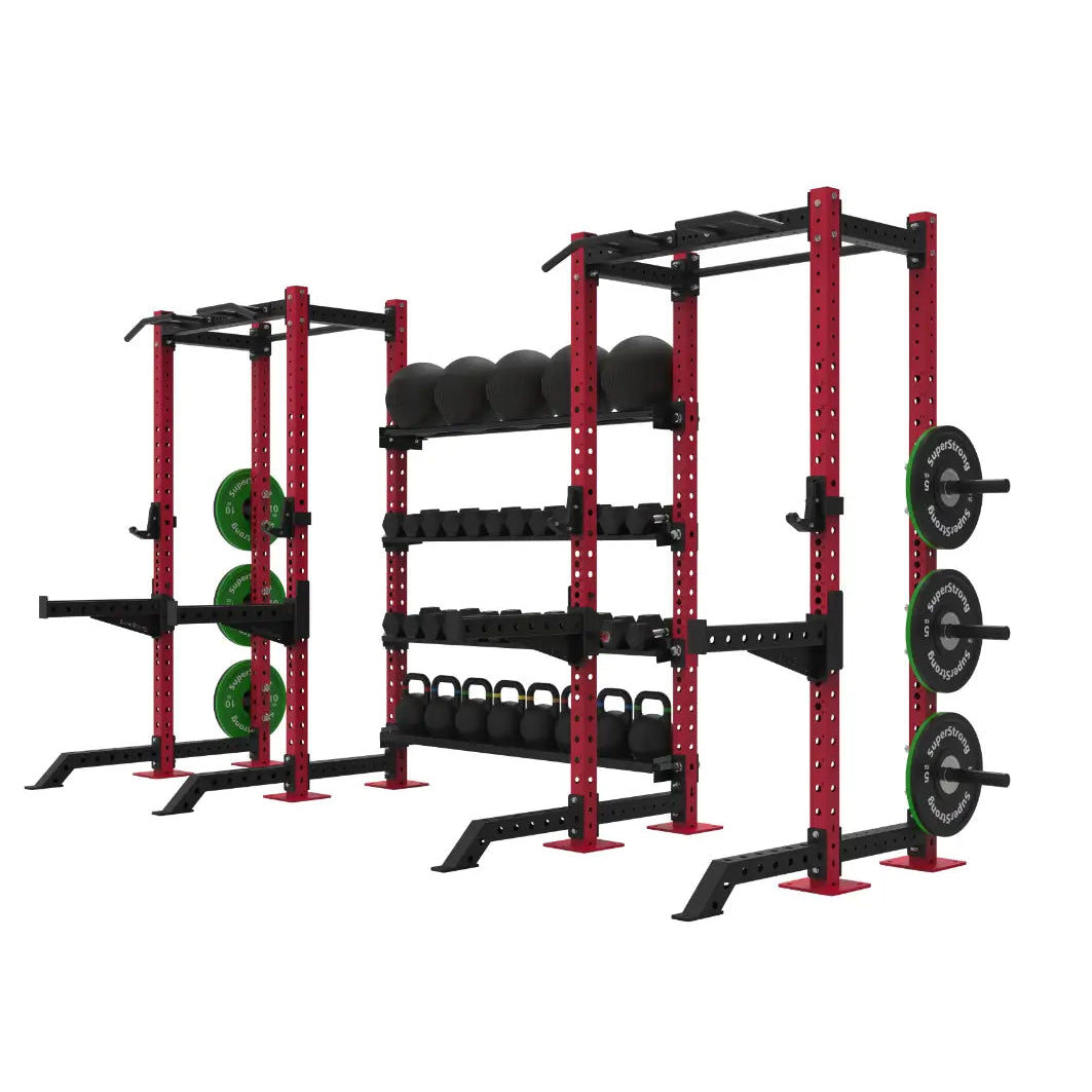 red twin half rack with storage shelves