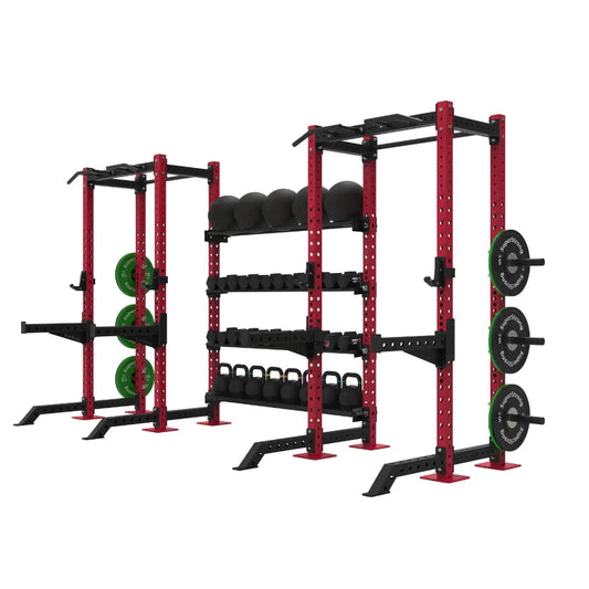 red twin half rack with storage shelves