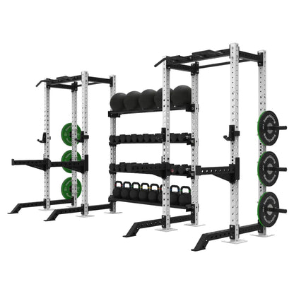 white twin half rack with storage shelves