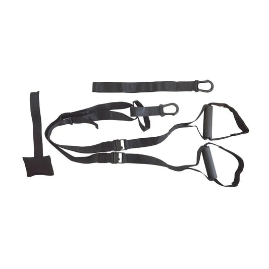 Image of a TRX style suspension trainer on a white background.