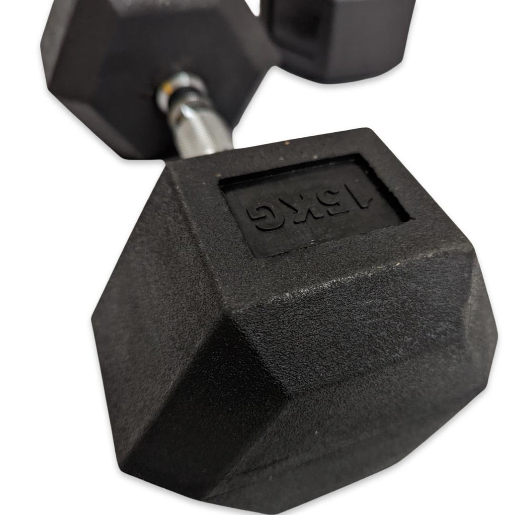 Close up of 15kg hex dumbbells - superstrong