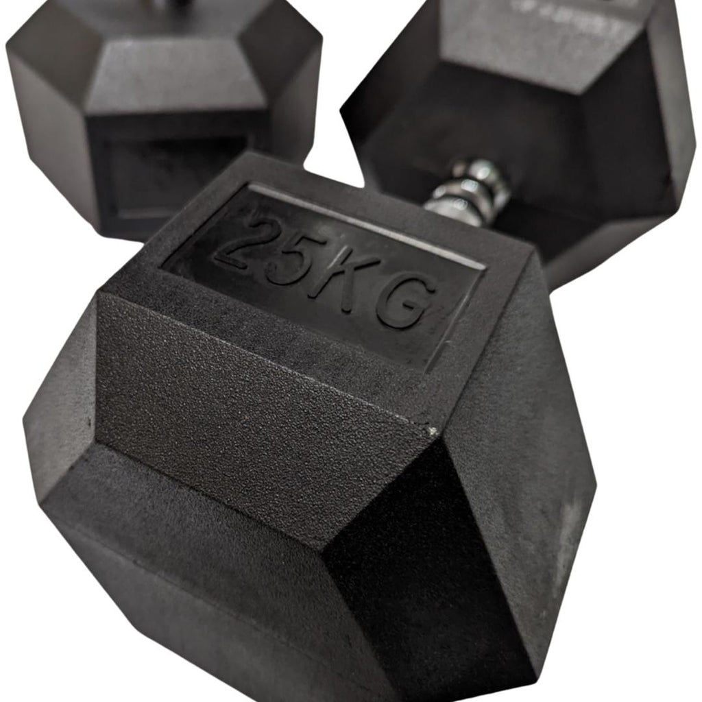 close up of 25kg hex dumbbell - superstrong