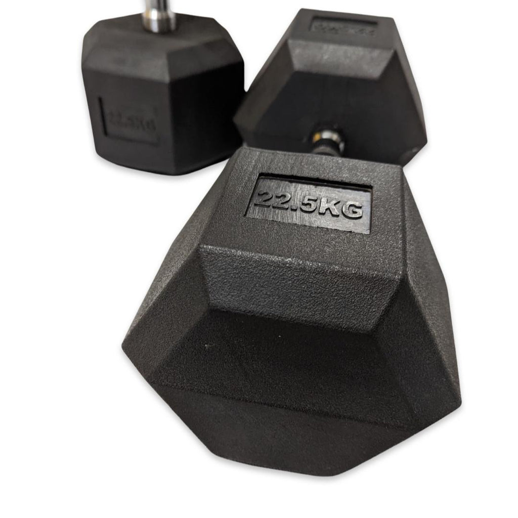 close up of 22.5kg hex dumbbells